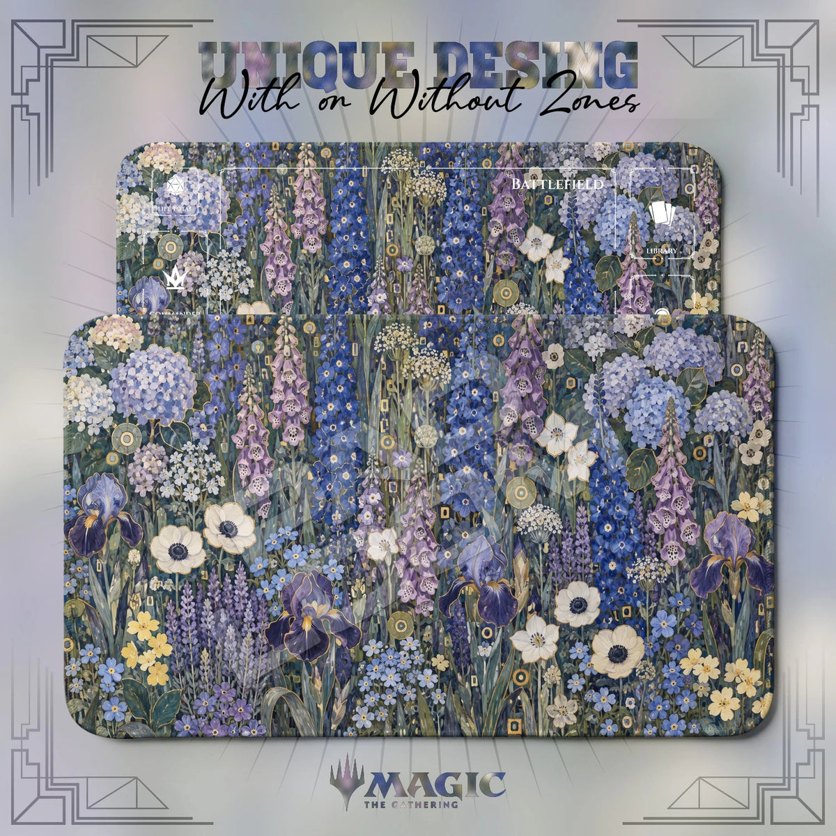 Klimt Garden Iris MTG playmat shown with zones and without zones