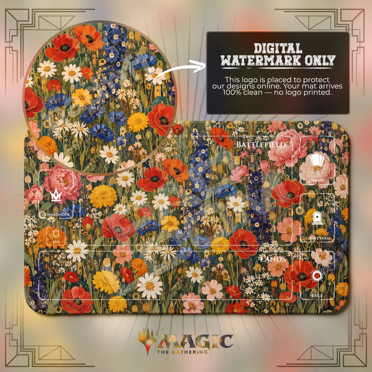 Klimt Garden Poppy MTG playmat with zones; the Padloom watermark is digital only, not printed