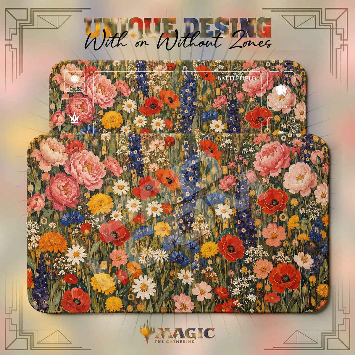 Klimt Garden Poppy MTG playmat shown with zones and without zones