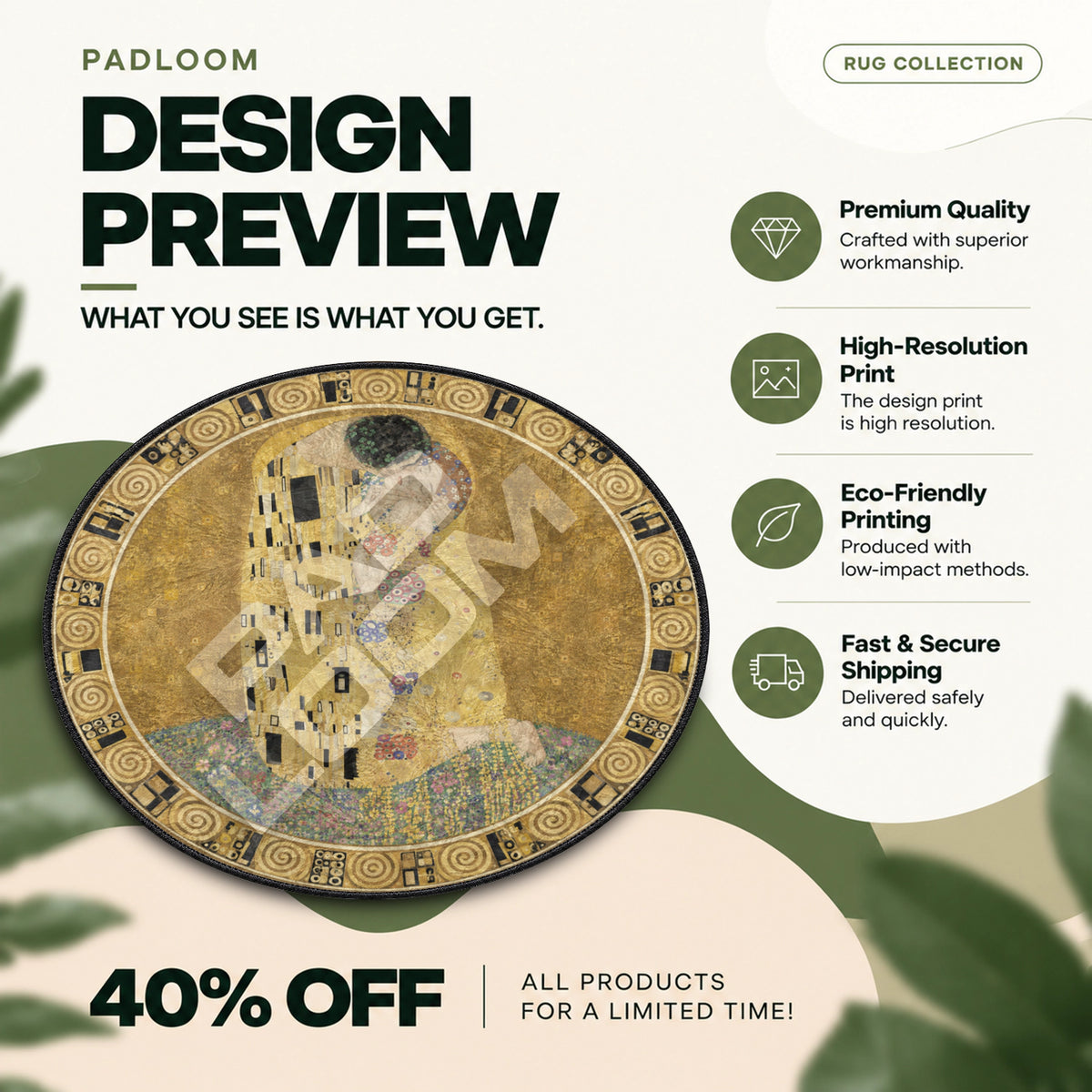Klimt Kiss Embracing vintage round rug full design preview
