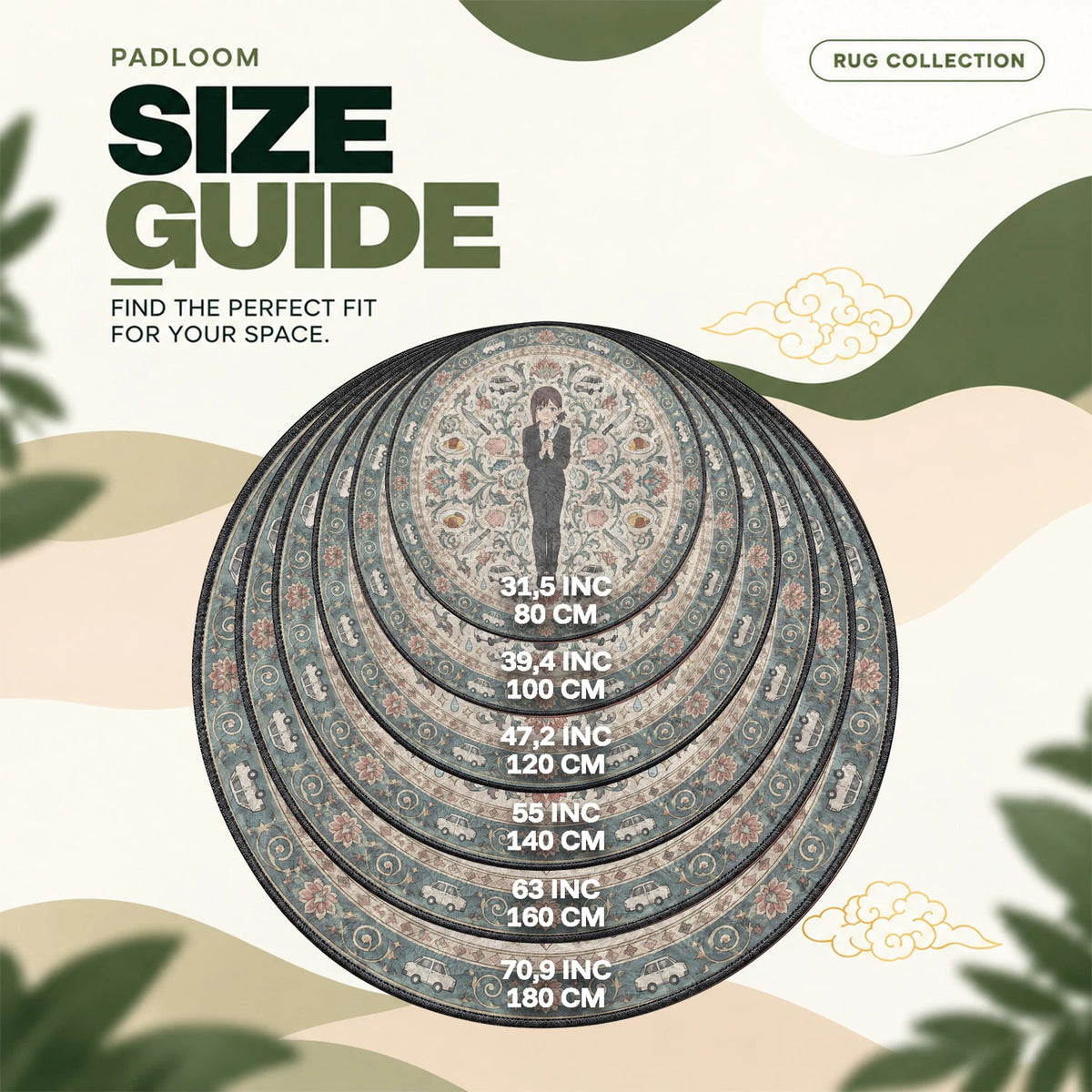Kobeni Tearful round rug size guide, 80 to 180 cm (31.5 to 70.9 in)