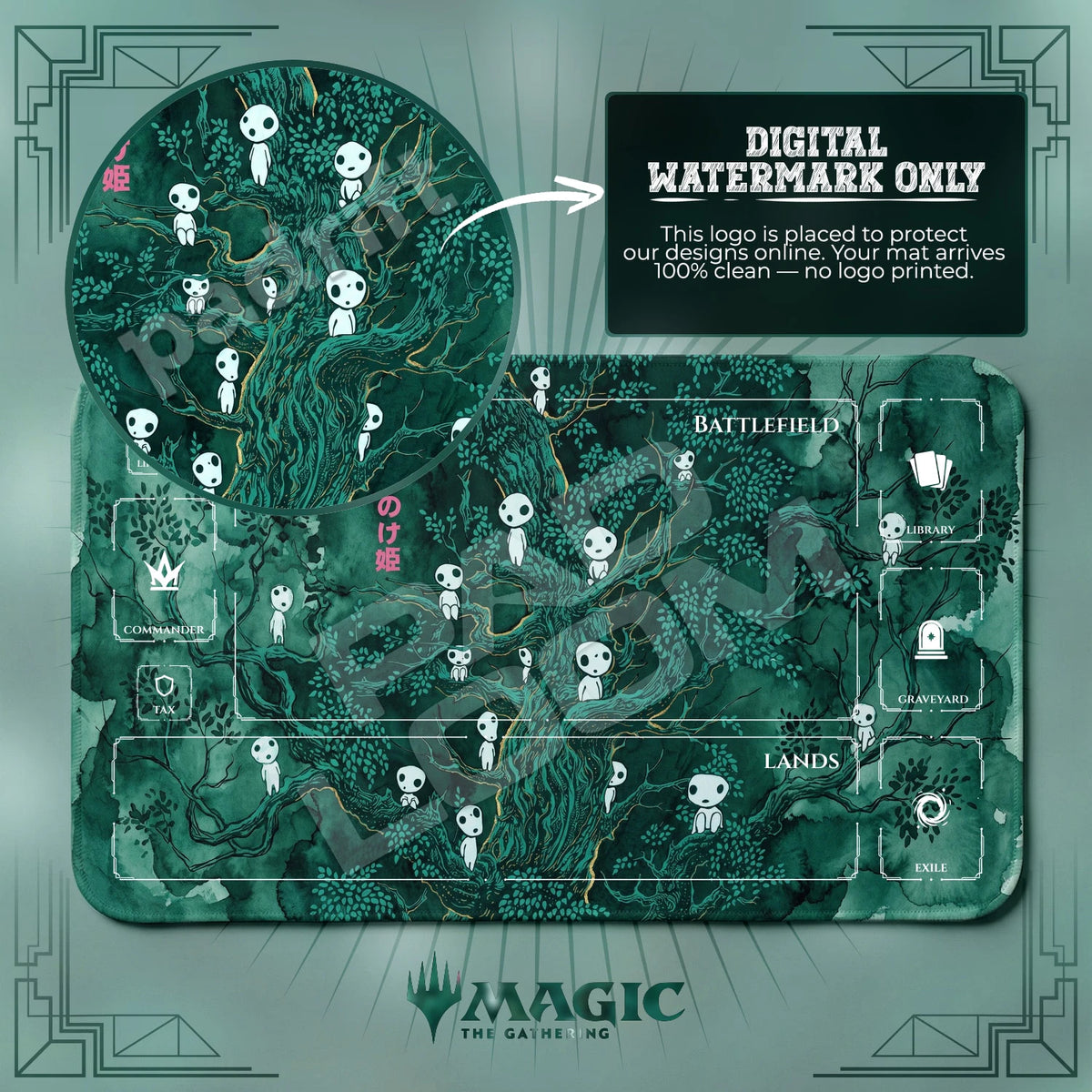 Kodama Tree MTG playmat with zones; the Padloom watermark is digital only, not printed