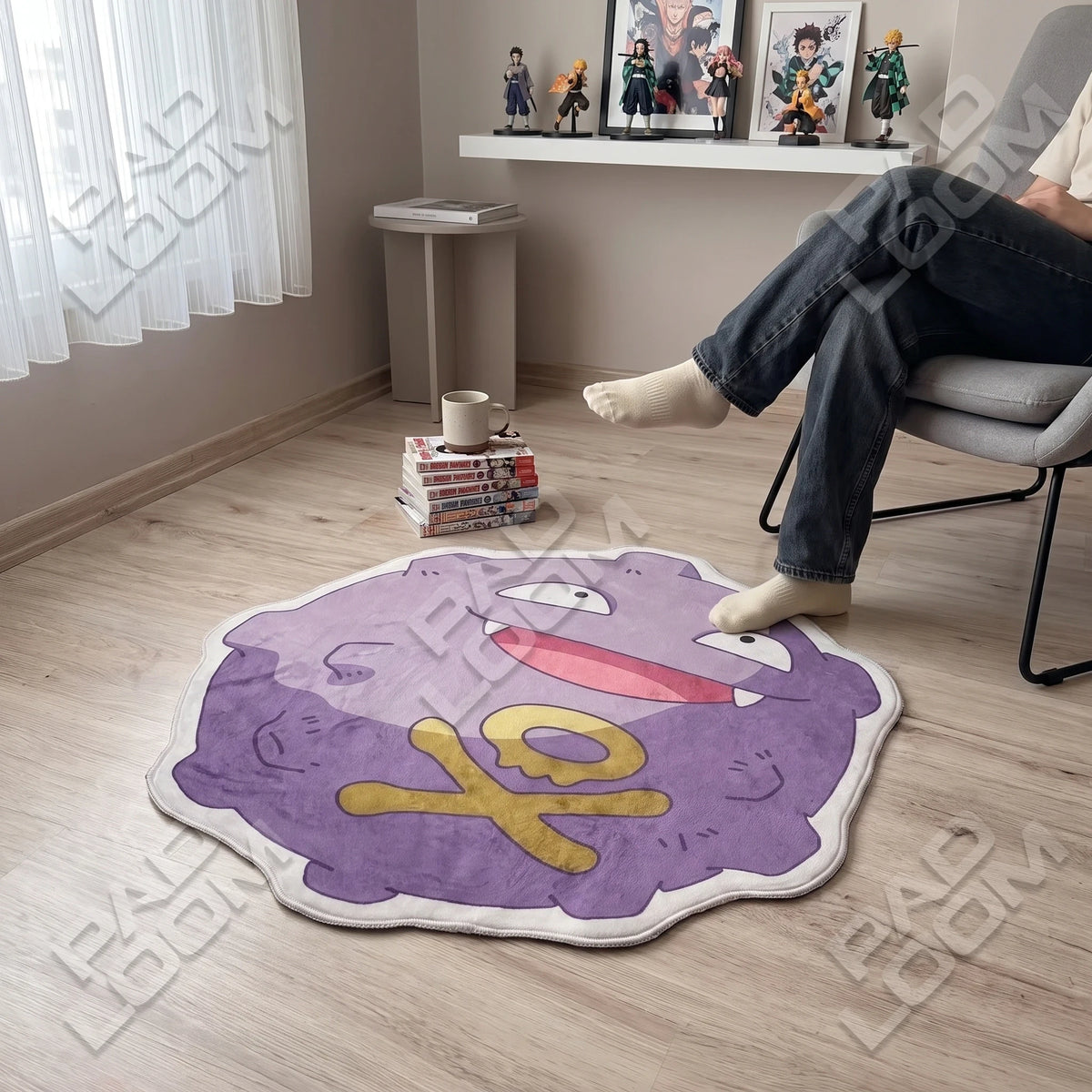 Koffing shaped rug shown in a room setting