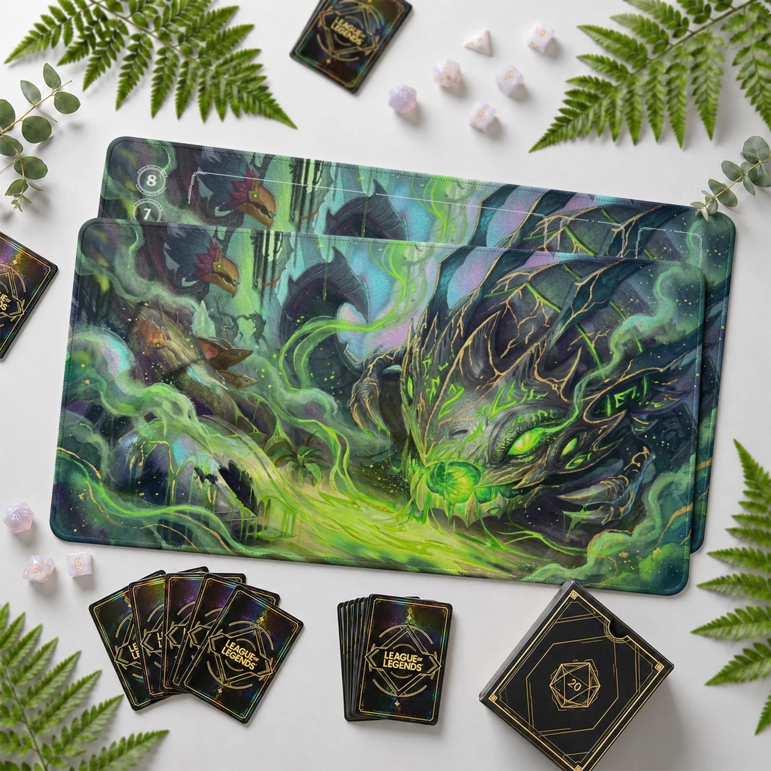 Kog'Maw Acid Riftbound TCG playmat with card zones and score track – LoL game mat