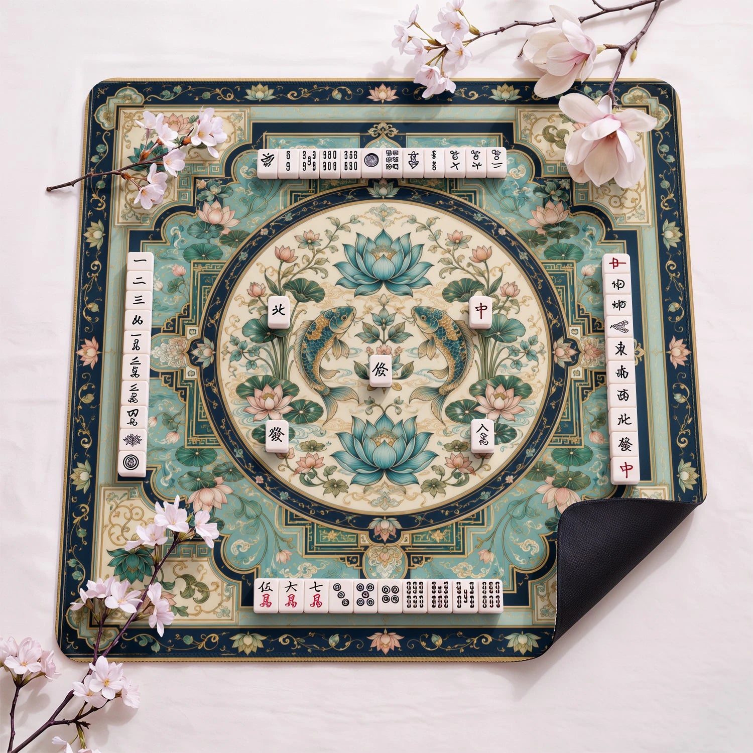 Koi Lotus Pond design close-up on mahjong mat surface