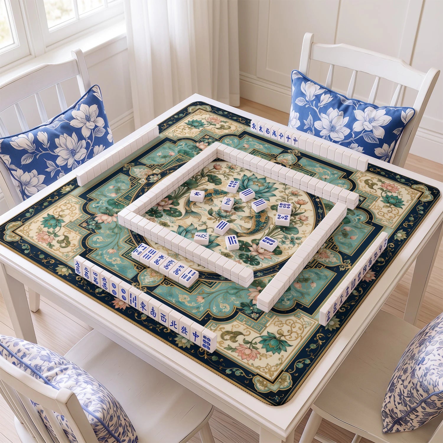 Koi Lotus Pond mahjong mat with tiles and racks on the table