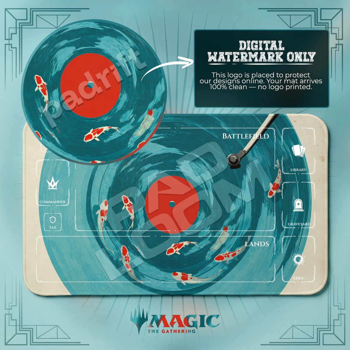 Koi Vinyl MTG playmat with zones; the Padloom watermark is digital only, not printed