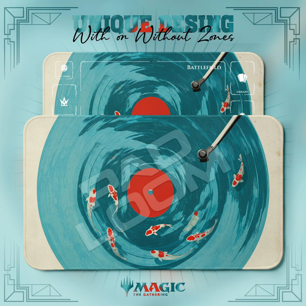 Koi Vinyl MTG playmat shown with zones and without zones