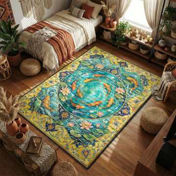 Koi whirlpool aquatic area rug with orange fish spiraling in turquoise water and lotus blooms