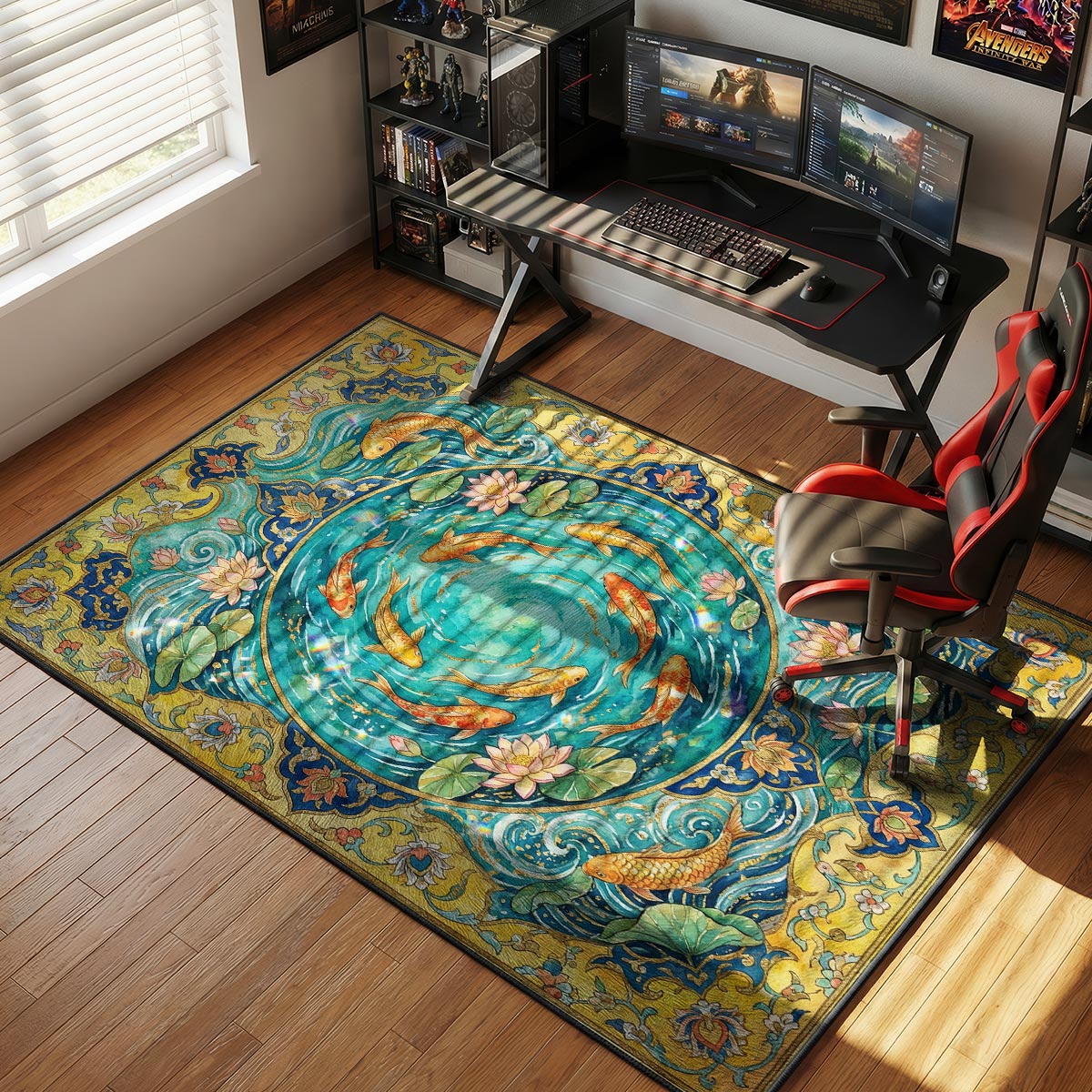 Koi whirlpool rug placed in a bright sunroom with white furniture and natural afternoon light