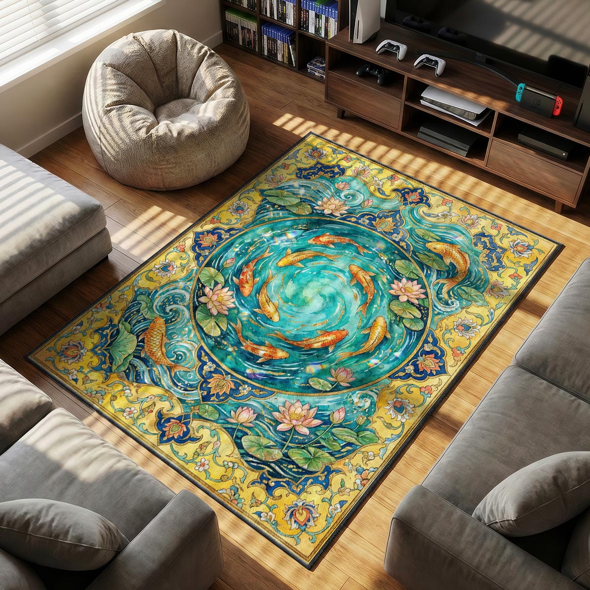 Close-up of koi whirlpool rug showing orange fish scales and prismatic water highlights on velvet