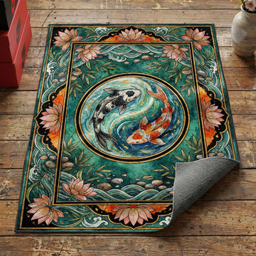 Japanese koi yin-yang area rug with two koi fish in circular pond with lotus and bamboo border