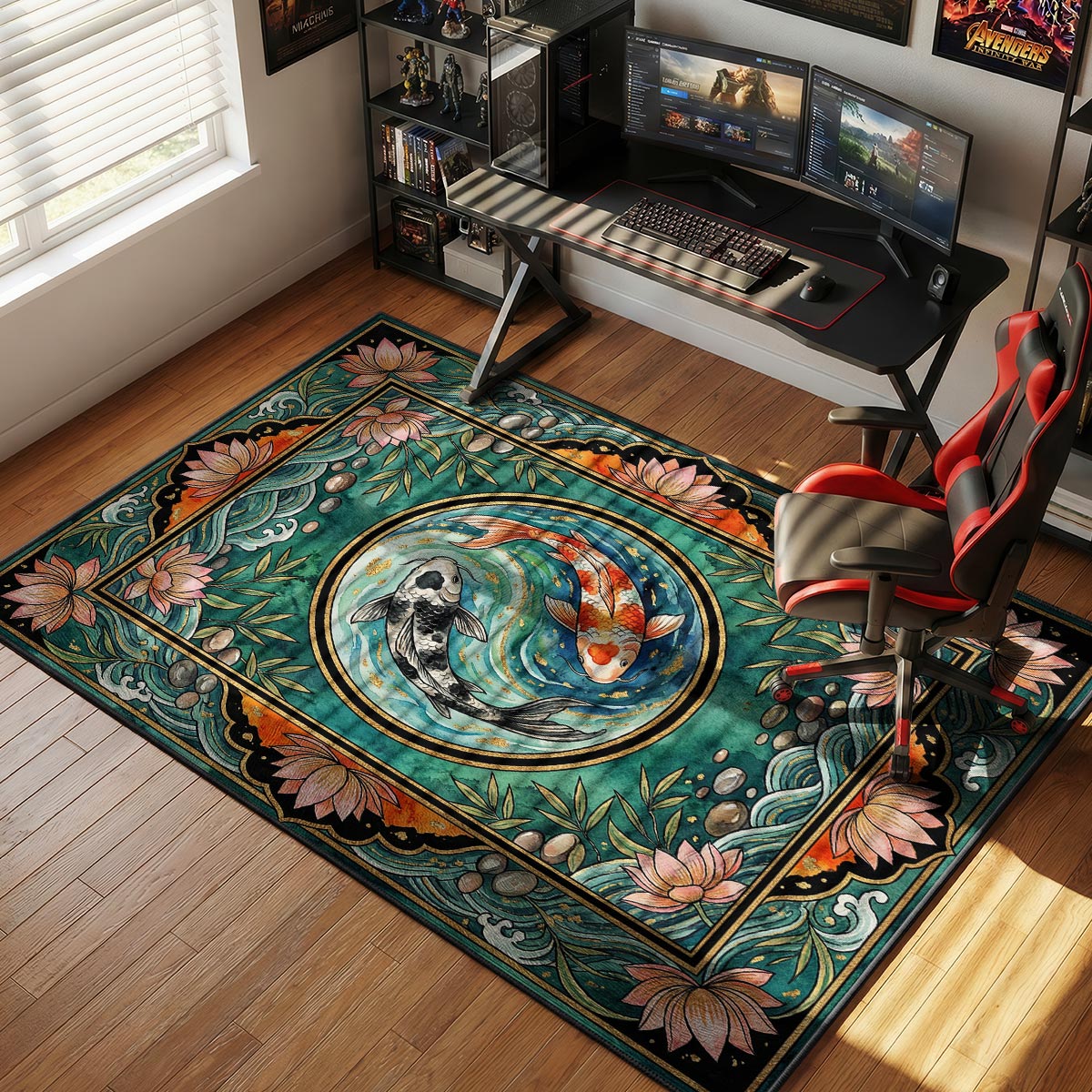 Koi yin-yang rug placed in a zen meditation room with plants natural wood and soft lighting