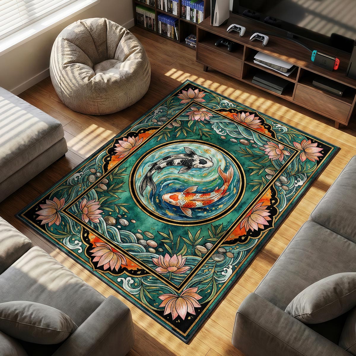 Close-up of koi rug showing orange fish scale detail and gold water flecks on velvet surface