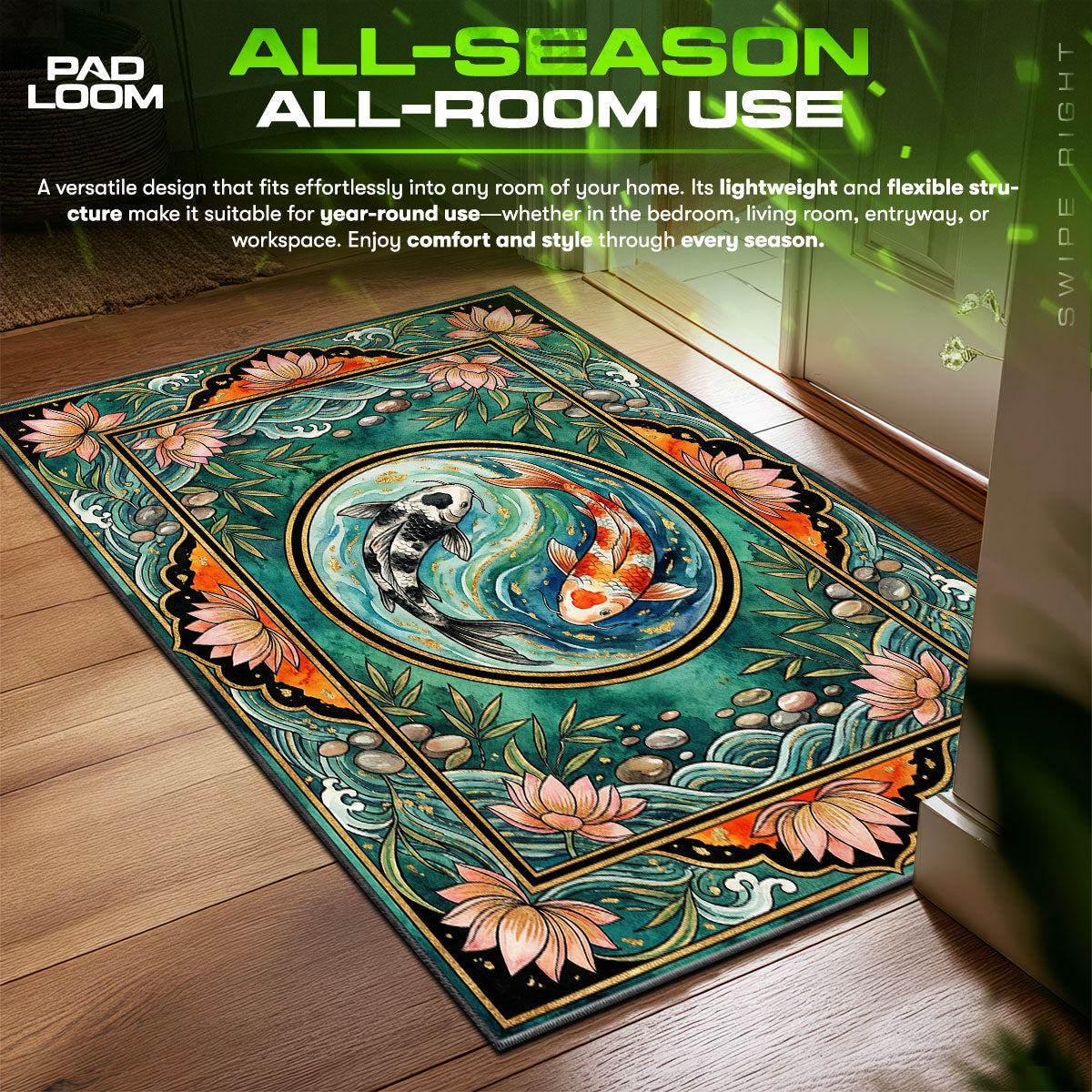 Detailed close-up of Koi rug pattern