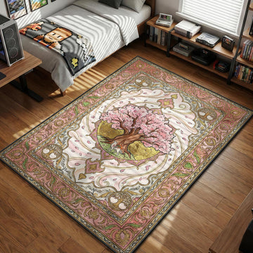 Amaterasu wolf standing beneath blooming Konohana cherry blossom tree in pink and gold sumi-e style gaming area rug and floor mat