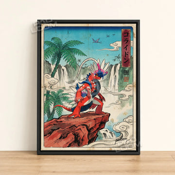 Koraidon Falls Pokemon poster - framed canvas wall art in a black frame