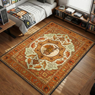 Korok spirit with leaf mask holding a propeller branch amidst acorns and autumn leaves pattern gaming area rug and floor mat