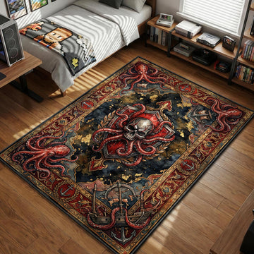 Kraken skull wrapped in red tentacles with anchors and vintage map background watercolor style gaming area rug and floor mat
