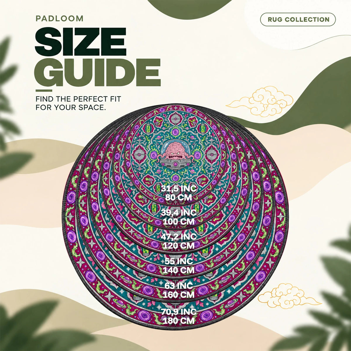 Krang Scowling round rug size guide, 80 to 180 cm (31.5 to 70.9 in)