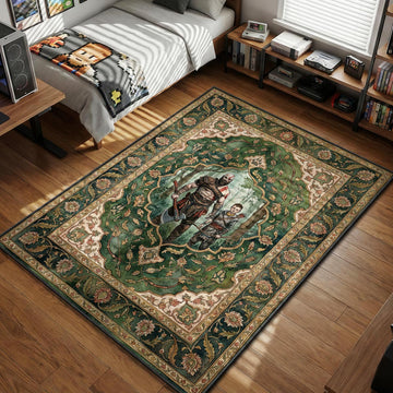 Kratos and Atreus standing in green forest with Leviathan Axe and Talon Bow framed by floral border gaming area rug and floor mat