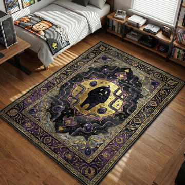 Krobus standing in golden circle with sewer pipes and void eggs dark Persian pattern gaming area rug and floor mat