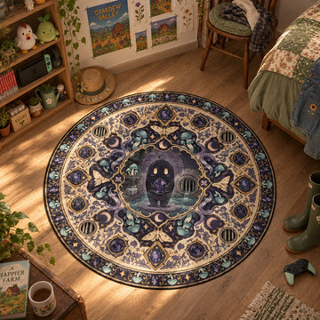 Krobus Void Stardew Valley round rug in a styled room - Stardew Valley chair mat