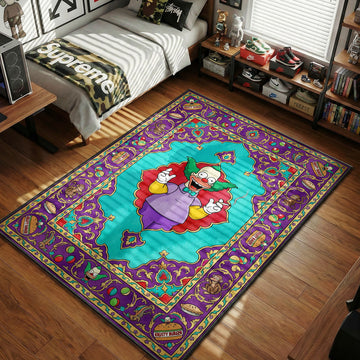 Krusty the Clown smoking a cigarette in an ornate vintage watercolor art style movie themed area rug and home theater mat.