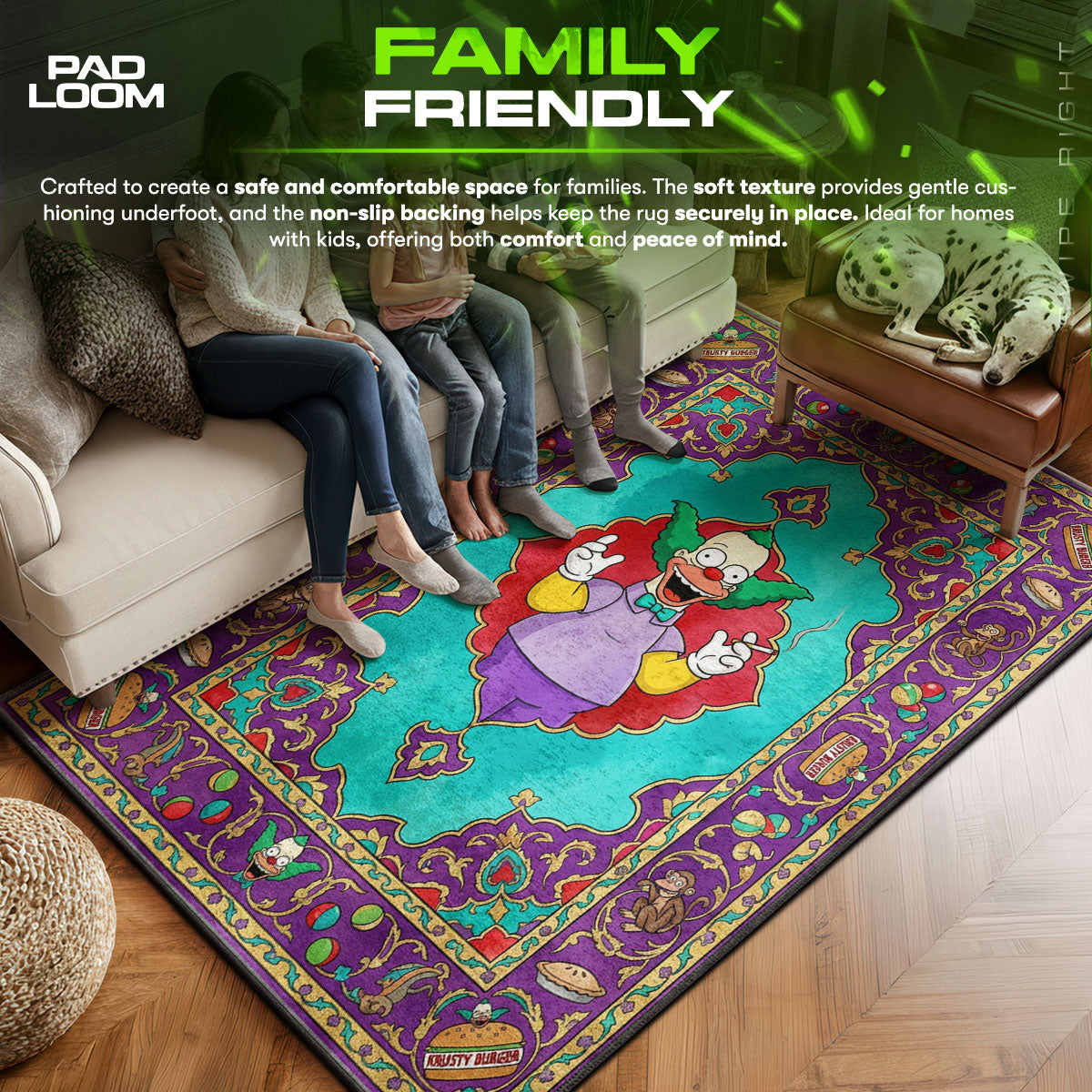 Krusty area rug showing full Vintage artwork