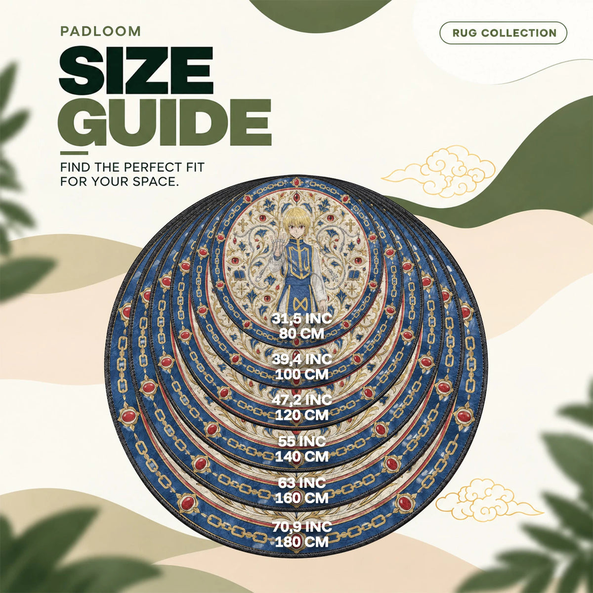 Kurapika Chains round rug size guide, 80 to 180 cm (31.5 to 70.9 in)