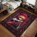 Kurapika from Hunter x Hunter with glowing scarlet eyes and conjured chains standing before a blood red moon on a decorative anime rug.