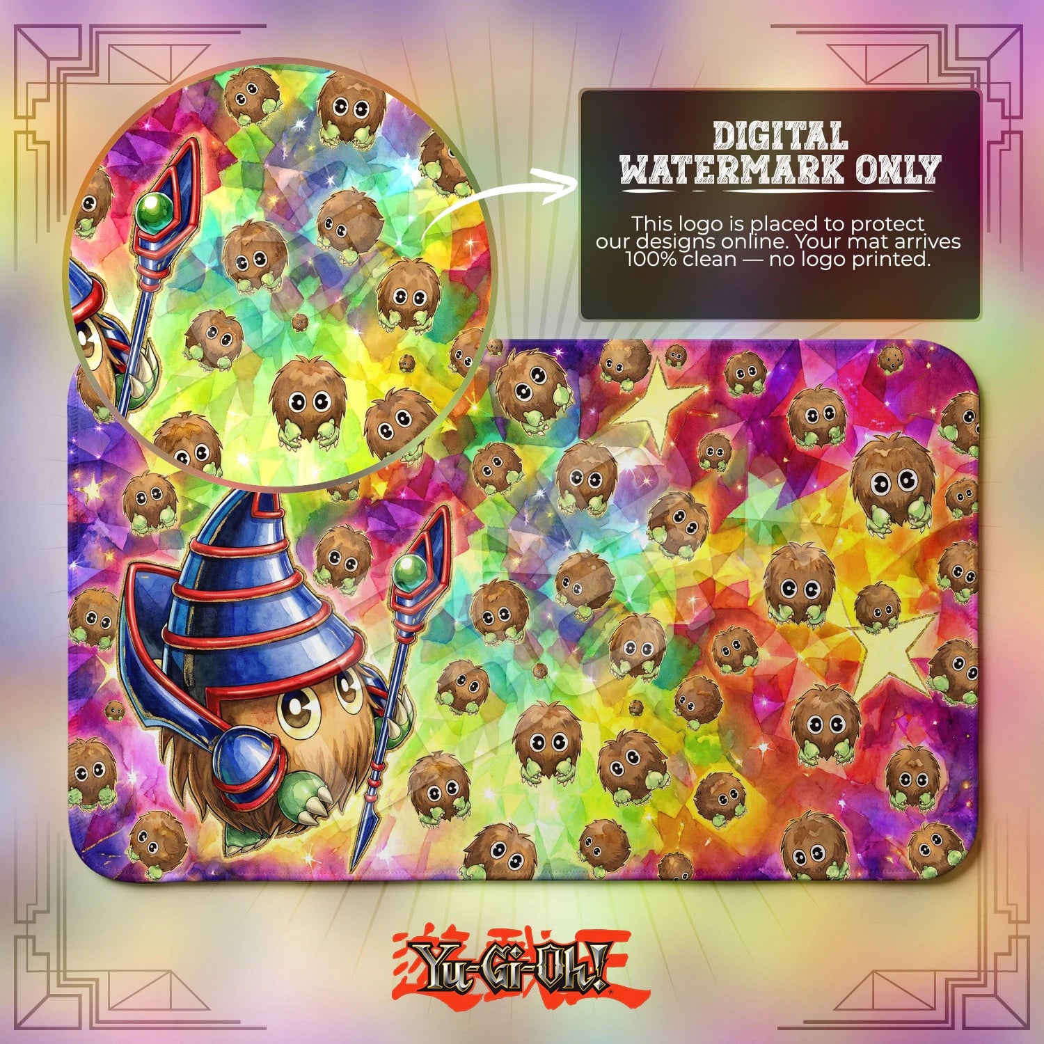 Kuriboh Rainbow artwork close-up on Yugioh playmat
