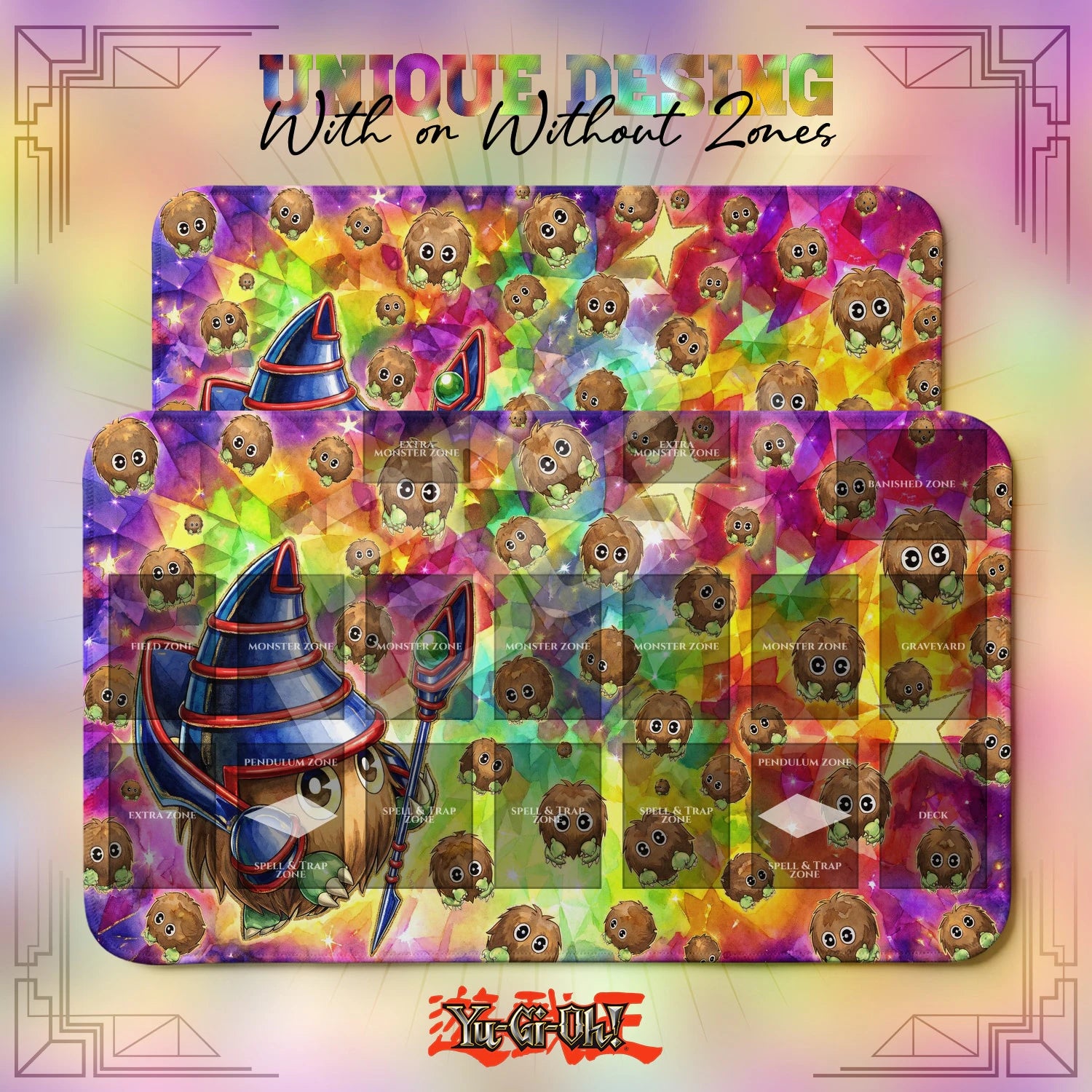 Kuriboh Rainbow Playmat – With Zones and Without Zones layouts compared