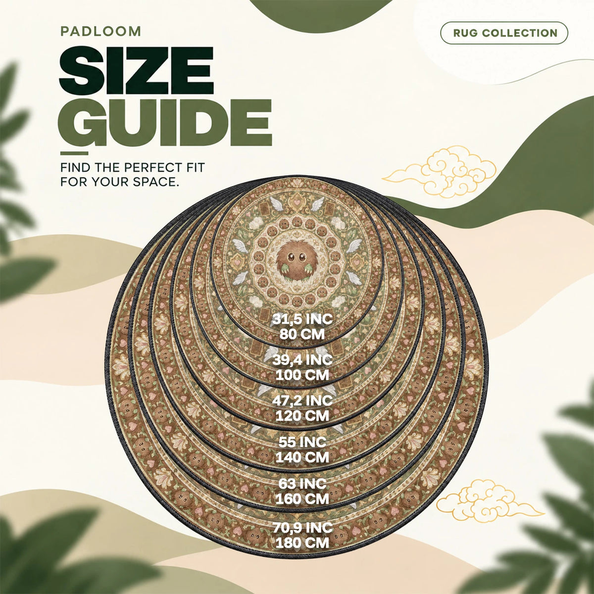 Kuriboh Winged round rug size guide, 80 to 180 cm (31.5 to 70.9 in)