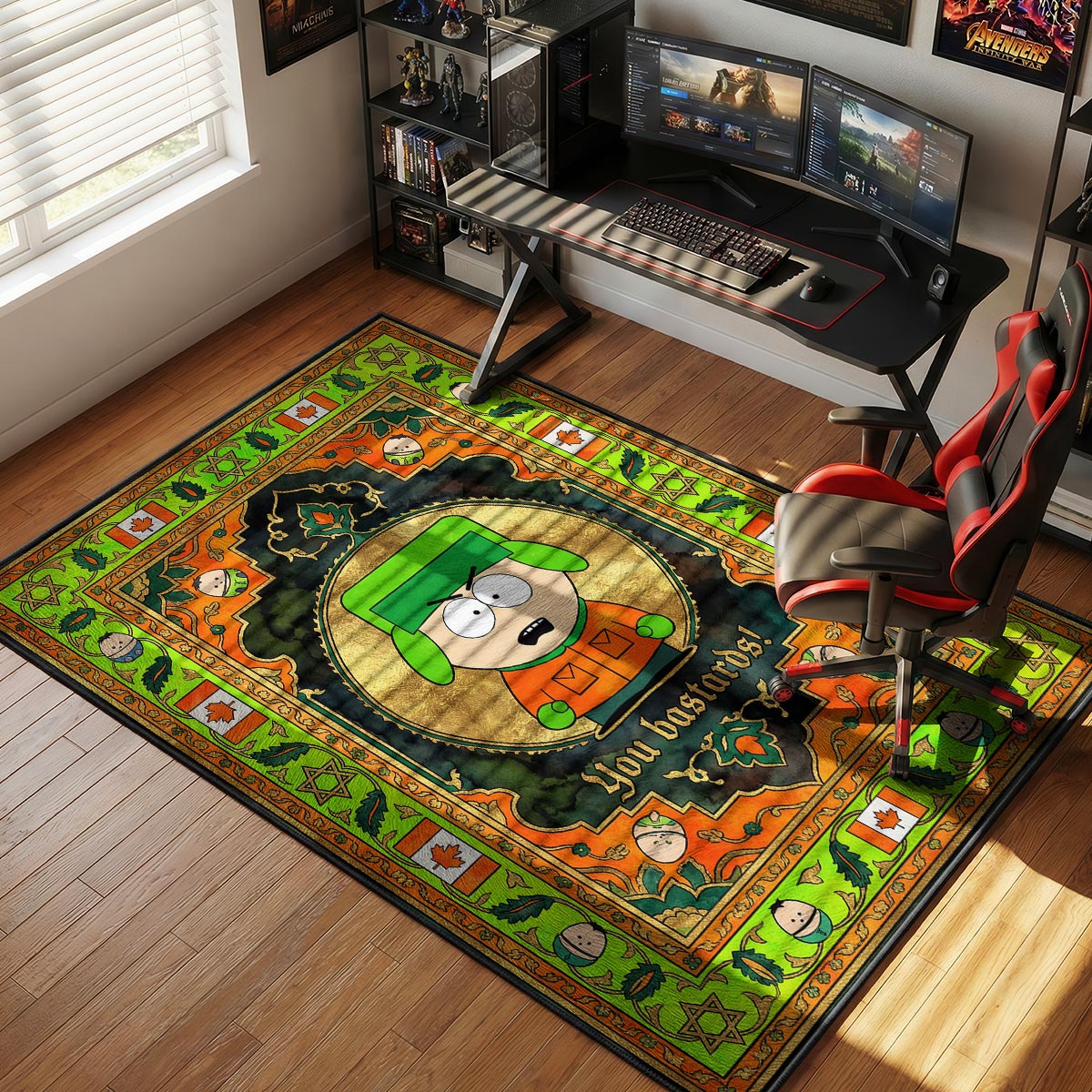 Kyle South Park rug placed in a dorm room beside a desk with colorful wall posters