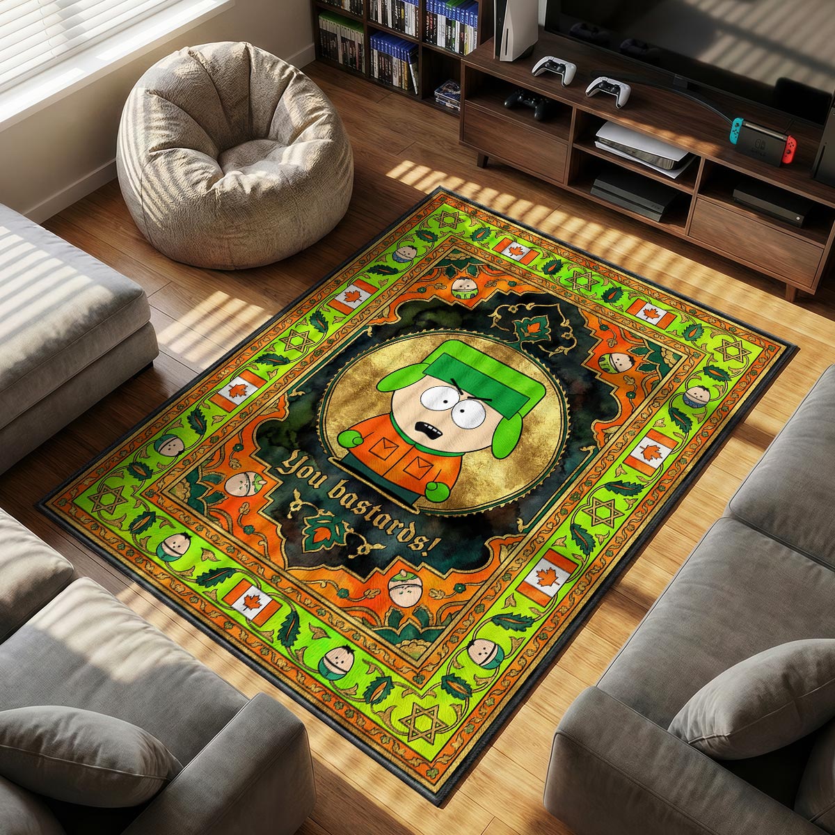 Close-up of Kyle area rug showing neon green dye-sublimation detail and gold script lettering