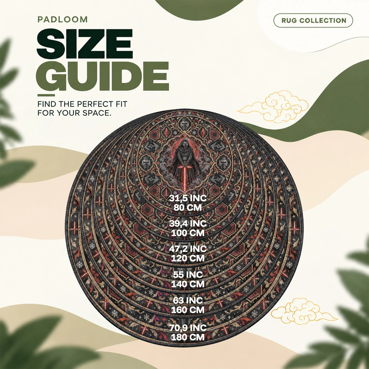 Kylo Ren Crossguard round rug size guide, 80 to 180 cm (31.5 to 70.9 in)