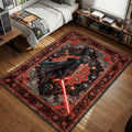 Kylo Ren holding a crossguard lightsaber with Darth Vader helmets and crackling energy ornate dark side gothic art style movie themed area rug and home theater mat