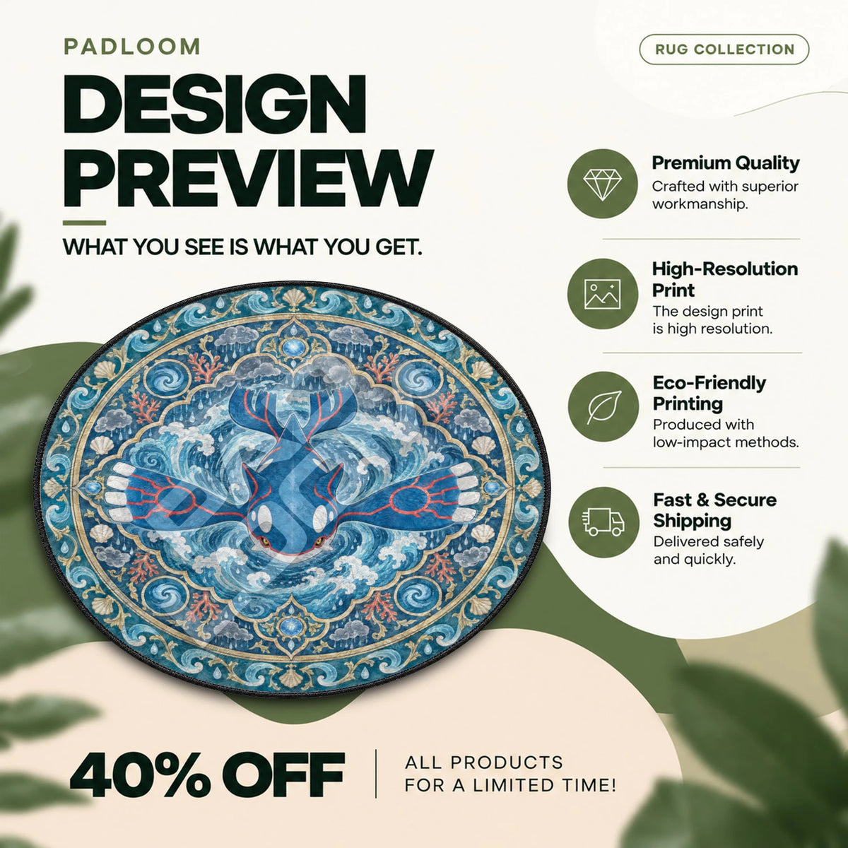 Kyogre Tidal Pokemon round rug full design preview