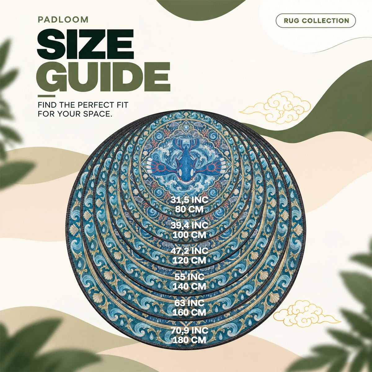 Kyogre Tidal round rug size guide, 80 to 180 cm (31.5 to 70.9 in)