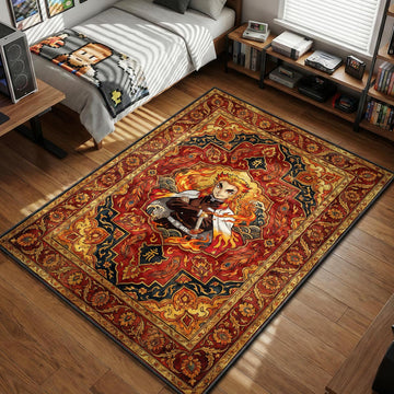Kyojuro Rengoku standing with crossed arms surrounded by bright flames and traditional Persian motifs area rug and floor mat