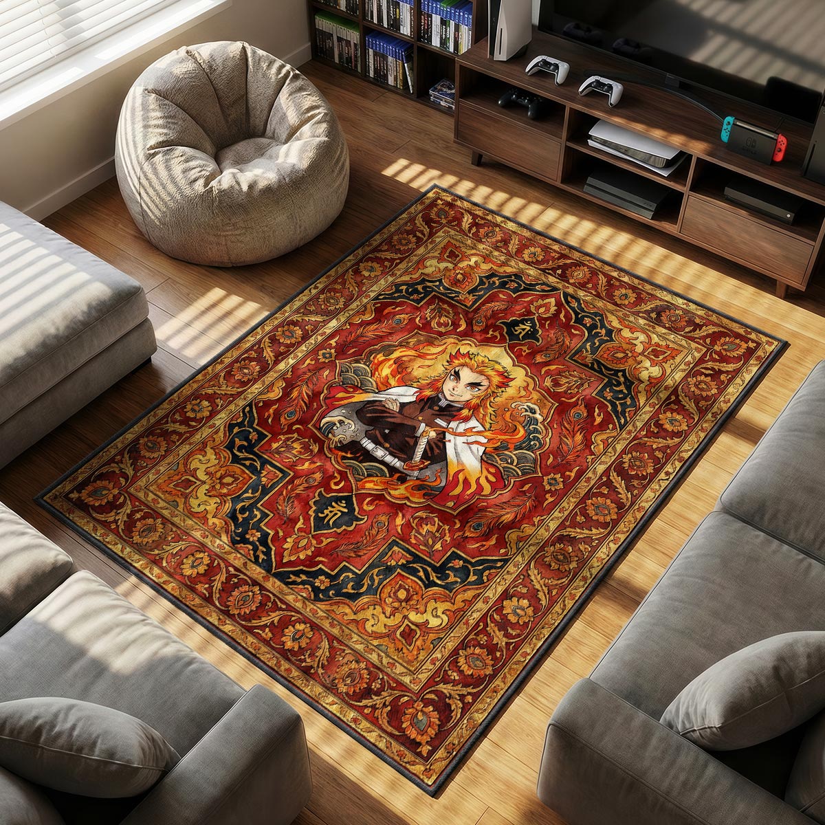 Kyojuro Rengoku themed area rug for home decor fans