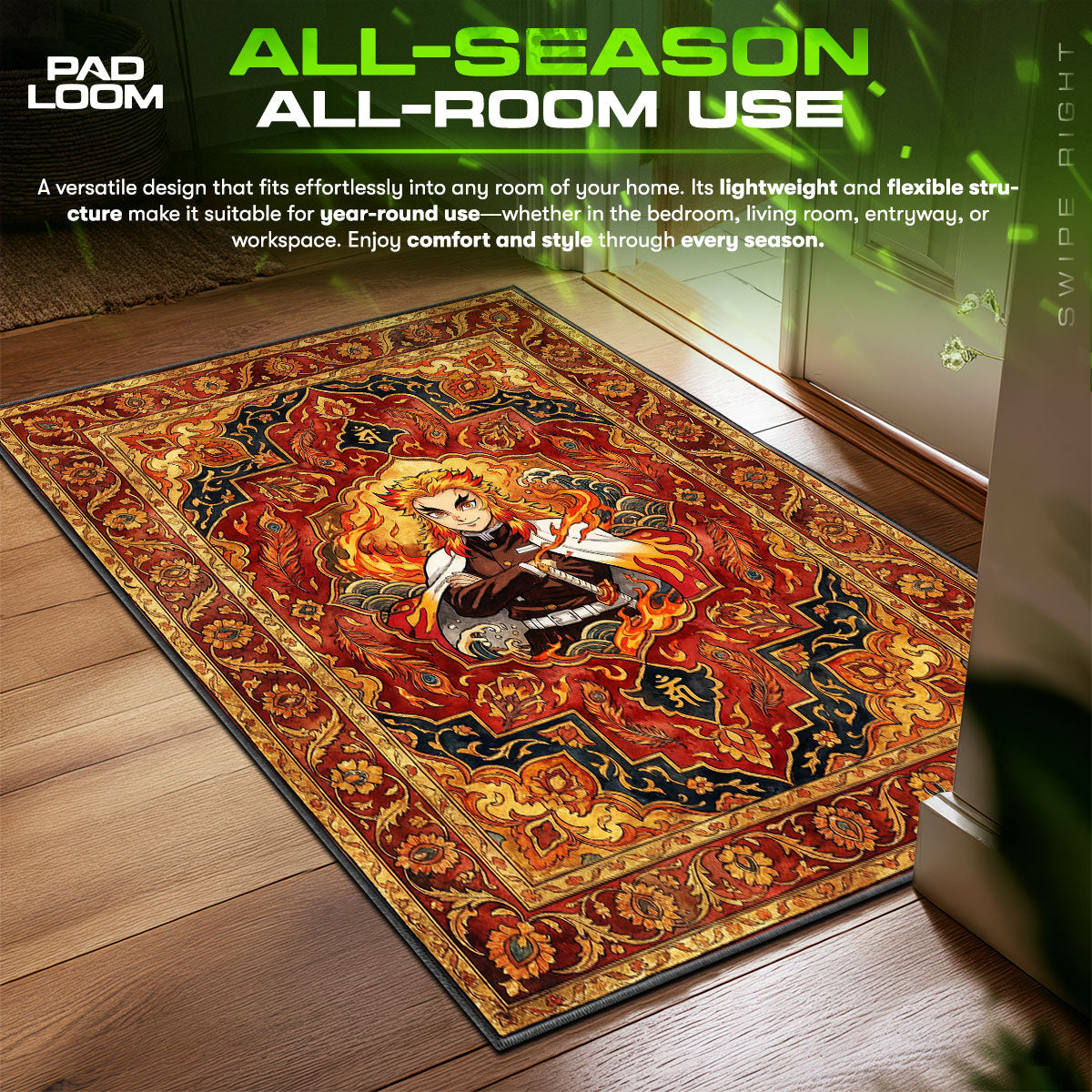 Kyojuro Rengoku Flame Aura Demon Slayer Chair fan rug — premium quality print