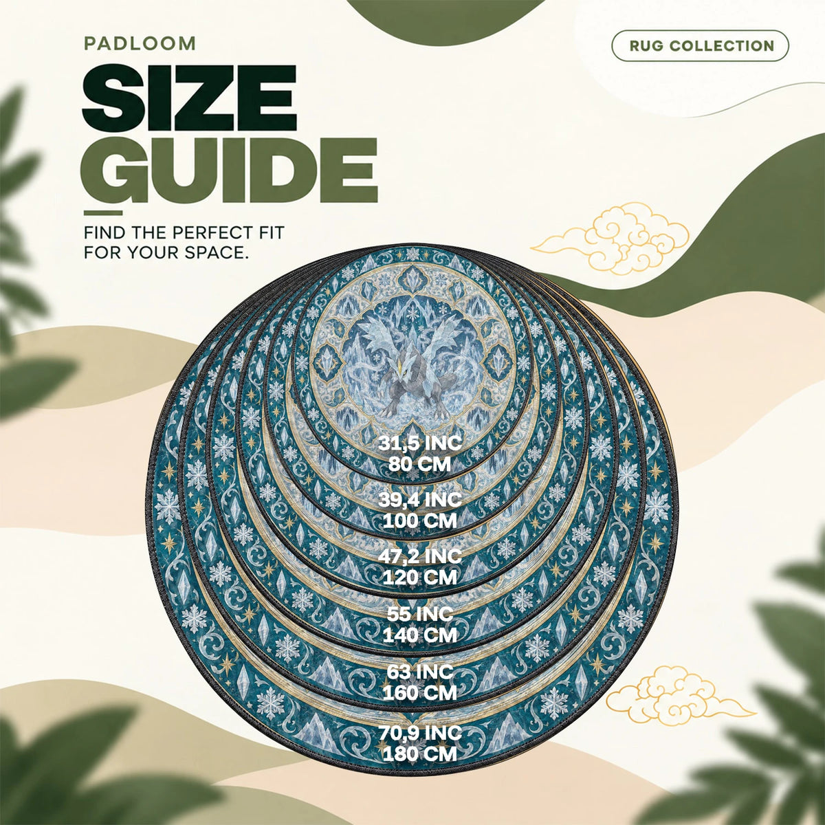 Kyurem Glacial round rug size guide, 80 to 180 cm (31.5 to 70.9 in)