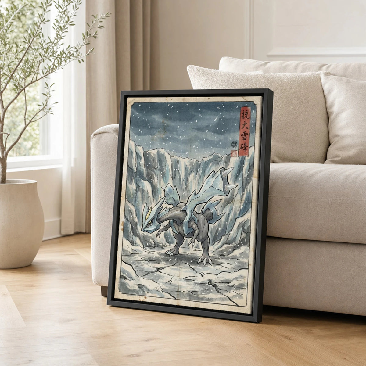 Kyurem Glacier Pokemon poster leaning beside a sofa - living room wall art