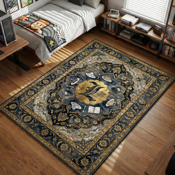 L Lawliet gothic monogram surrounded by cake, sugar cubes, and handcuffs on an ornate navy blue and gold area rug and floor mat