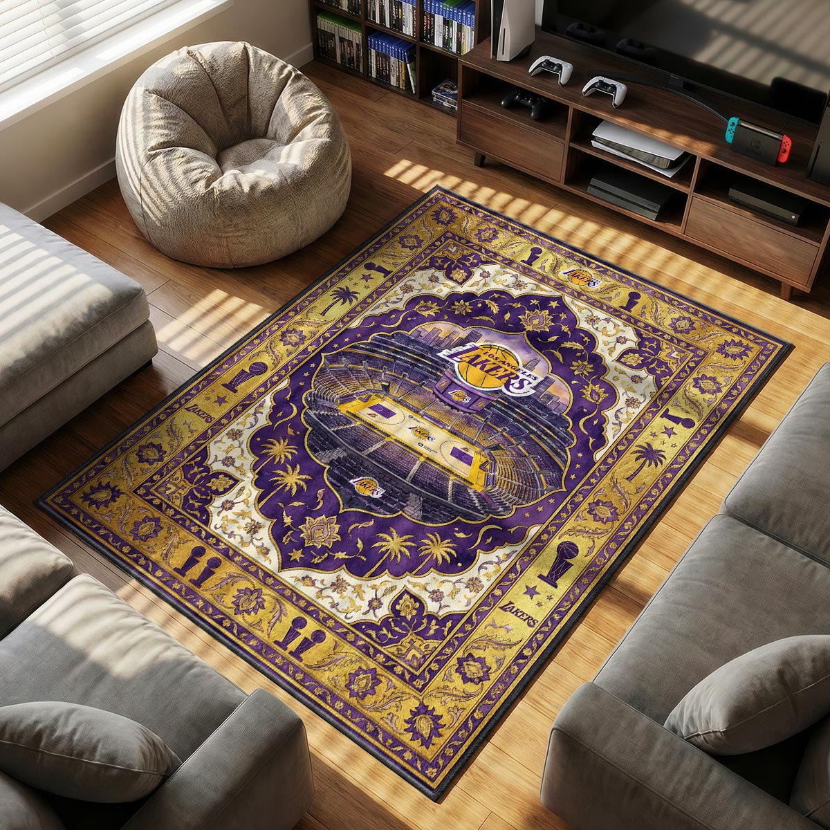 LA Lakers themed area rug for home decor fans