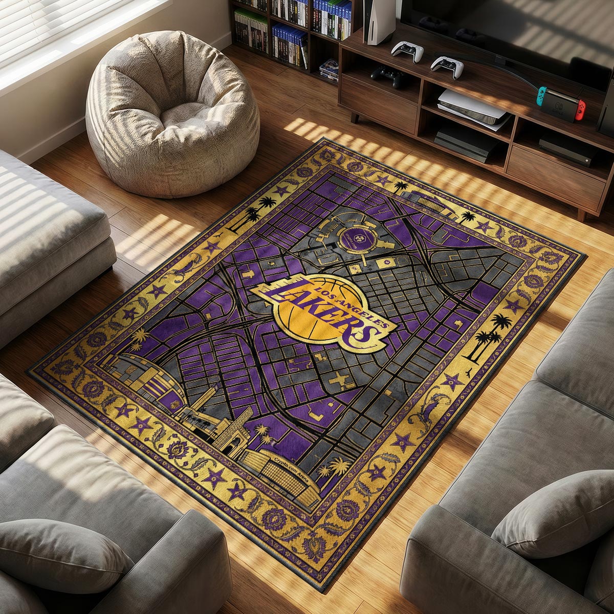 LA Lakers themed area rug for home decor fans
