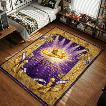 LA Lakers purple and gold baroque rug with crown motif, Swoosh logo and ornate trophy border