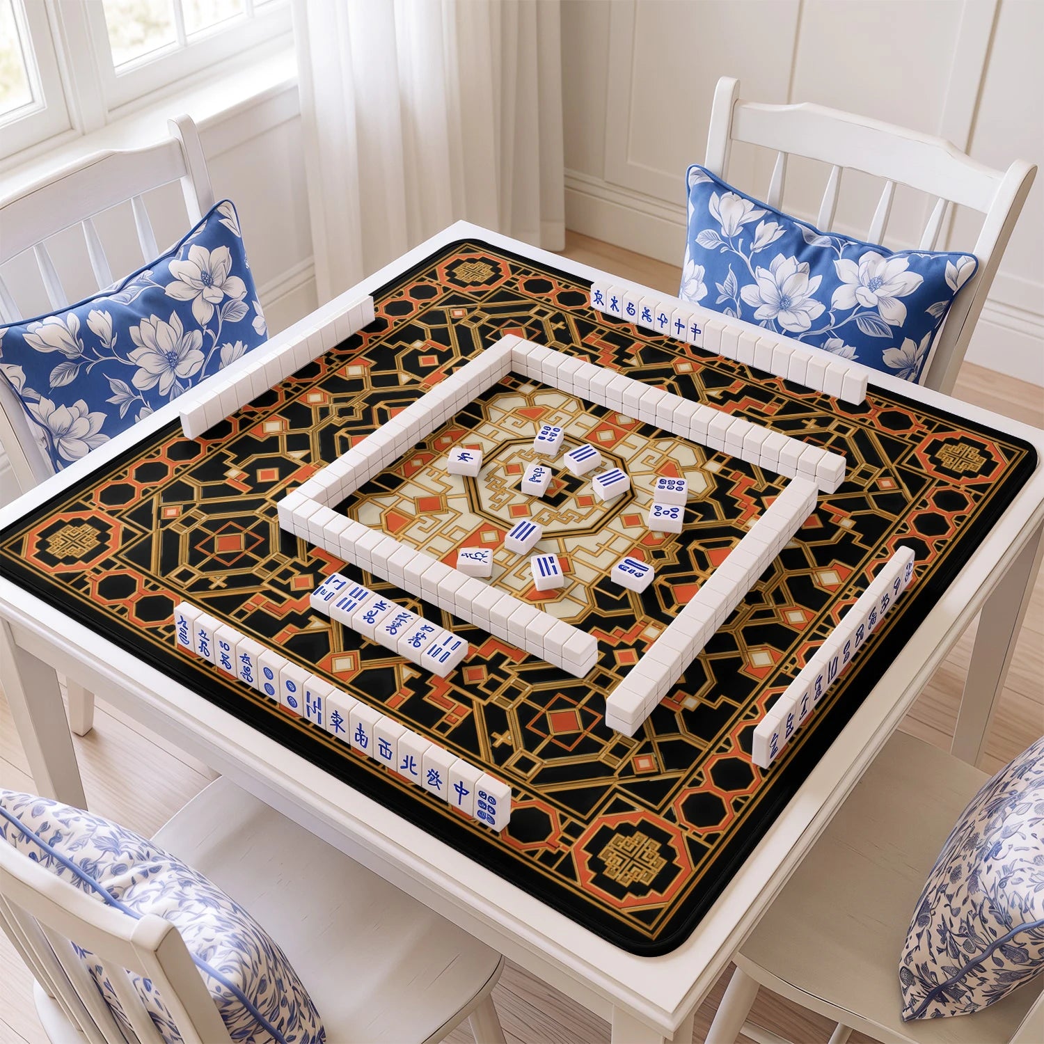 Lacquer Lattice mahjong mat with tiles and racks on the table